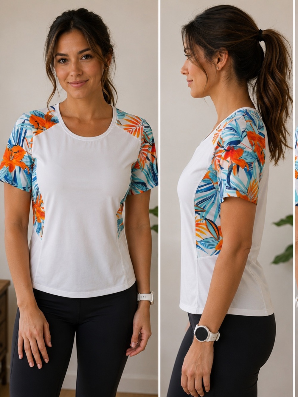 TAIL Women's Athletic Top Small White Tropical Floral Short Sleeve Golf Tennis